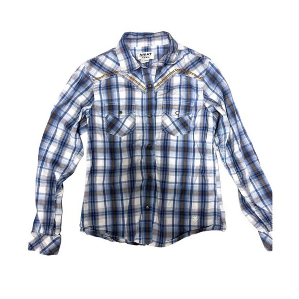 ARIAT Real Blue Plaid Western Bronze Snap Long Sleeve Shirt Girls XXL